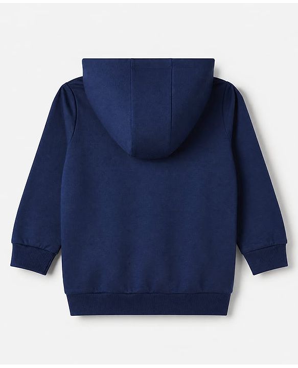 Babyhug 100% Cotton Knit Front Open Heavy Gauge Full Sleeves Hooded Sweat Jacket With Text Print - Navy Blue