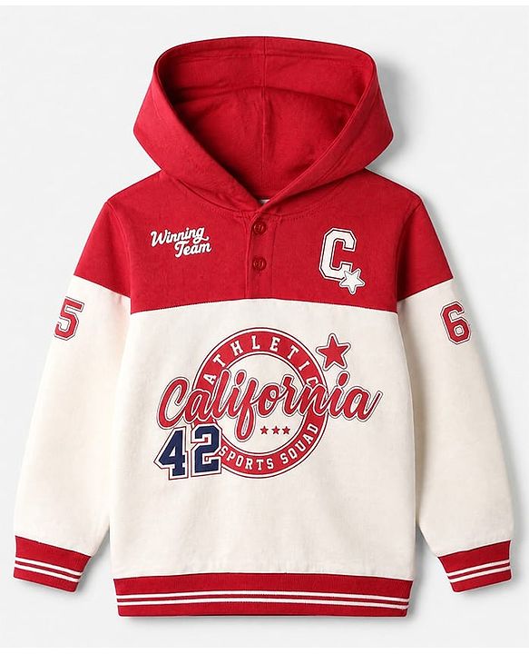 Babyhug 100% Cotton Heavy Gauge Ottoman Knit Full Sleeves Hooded Sweatshirt with California Athletic Sports Squad Print - Red