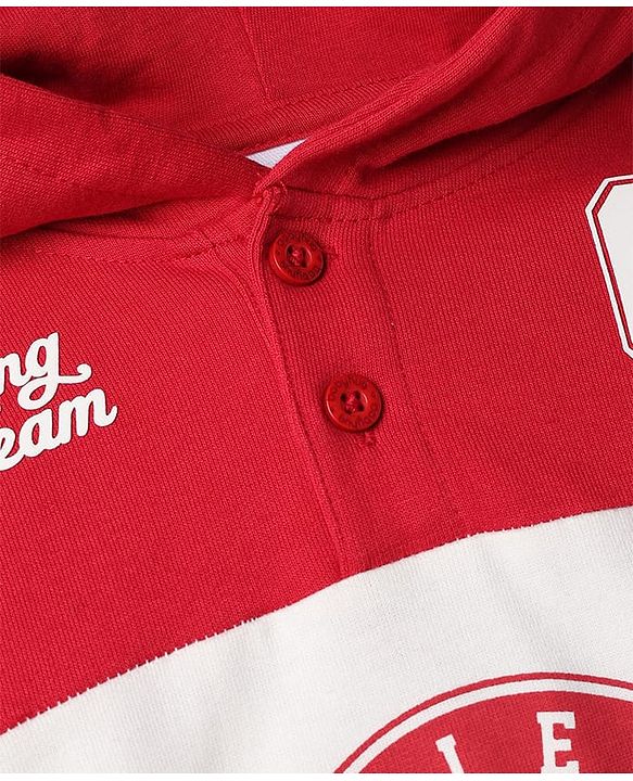 Babyhug 100% Cotton Heavy Gauge Ottoman Knit Full Sleeves Hooded Sweatshirt with California Athletic Sports Squad Print - Red