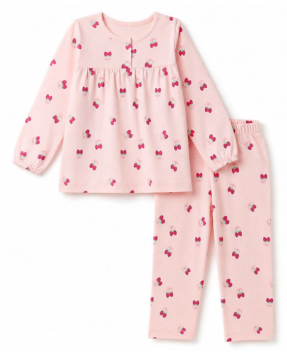 Babyhug Cotton Knit Full Sleeves Top & Pyjama Co-ords Night Suit With Strawberry Print - Pink