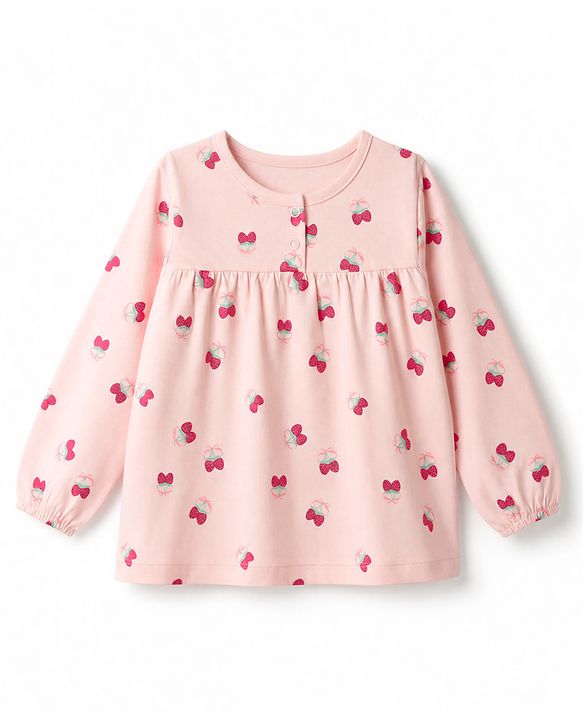 Babyhug Cotton Knit Full Sleeves Top & Pyjama Co-ords Night Suit With Strawberry Print - Pink
