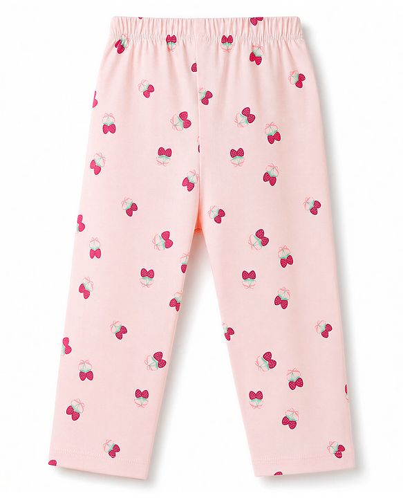 Babyhug Cotton Knit Full Sleeves Top & Pyjama Co-ords Night Suit With Strawberry Print - Pink