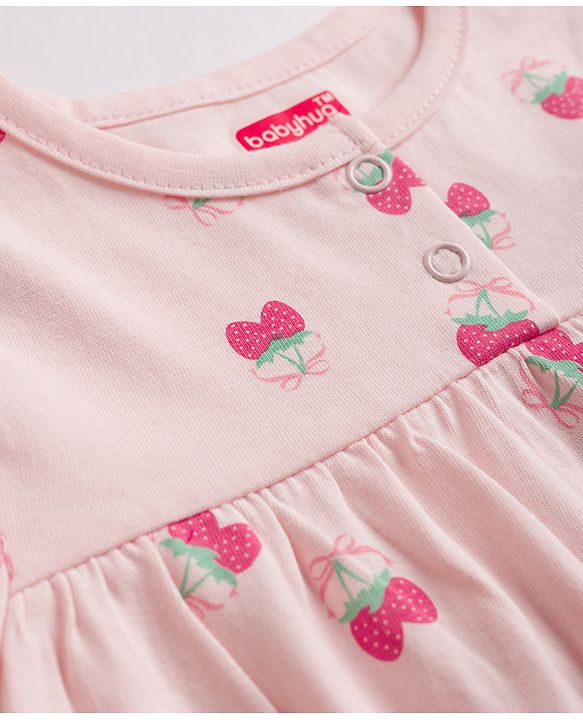 Babyhug Cotton Knit Full Sleeves Top & Pyjama Co-ords Night Suit With Strawberry Print - Pink