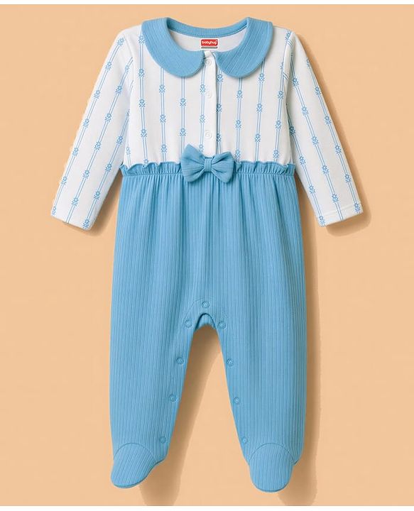 Babyhug 100% Cotton Knit Full Sleeves Floral Printed Sleepsuit With Bow Applique - Light Blue