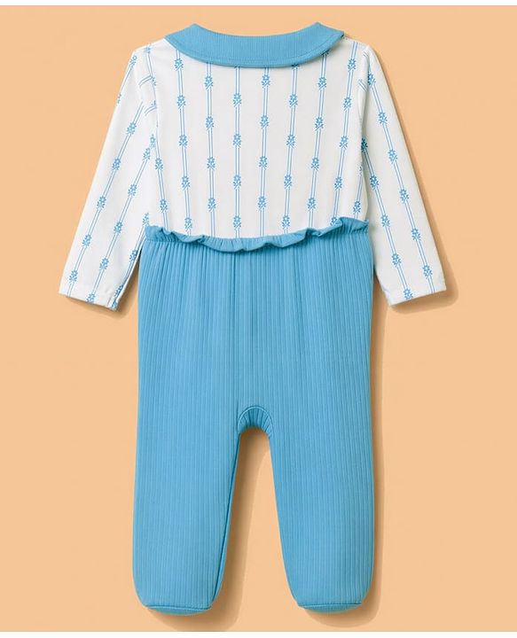 Babyhug 100% Cotton Knit Full Sleeves Floral Printed Sleepsuit With Bow Applique - Light Blue