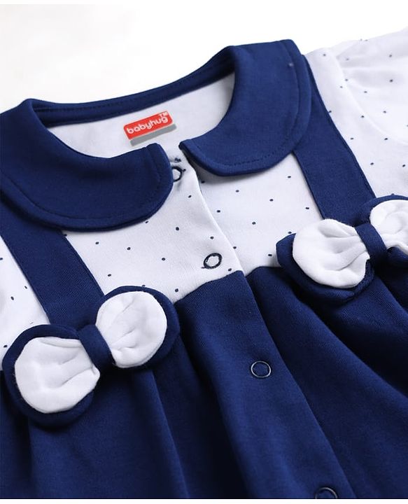 Babyhug 100% Cotton Knit Full Sleeves Footed Sleep Suit with Polka Dot Print & Bow Applique - Navy