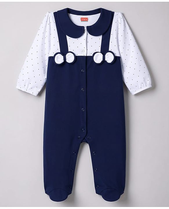 Babyhug 100% Cotton Knit Full Sleeves Footed Sleep Suit with Polka Dot Print & Bow Applique - Navy
