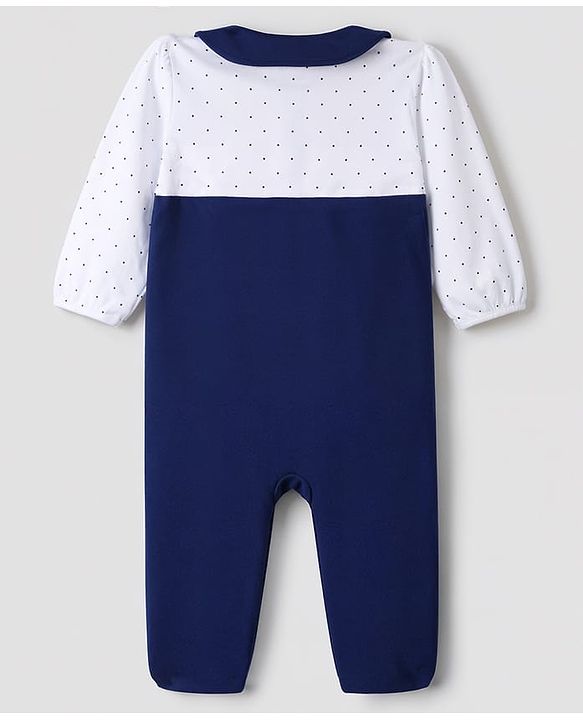 Babyhug 100% Cotton Knit Full Sleeves Footed Sleep Suit with Polka Dot Print & Bow Applique - Navy
