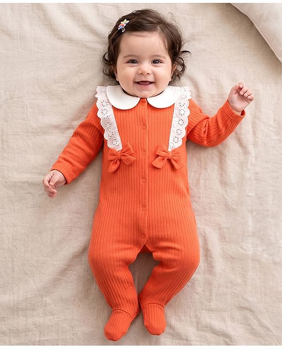 Babyhug Cotton Knit Full Sleeves Footed Sleepsuit with Bow & Peter Pan Collar - Coral