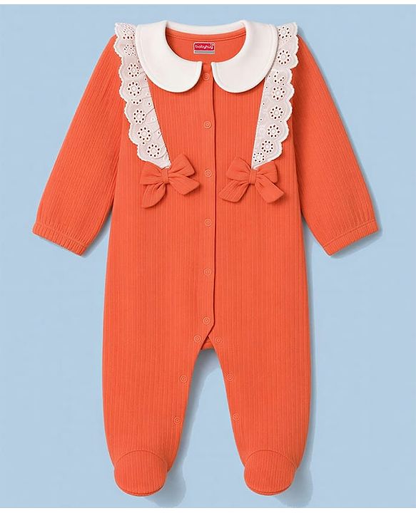 Babyhug Cotton Knit Full Sleeves Footed Sleepsuit with Bow & Peter Pan Collar - Coral