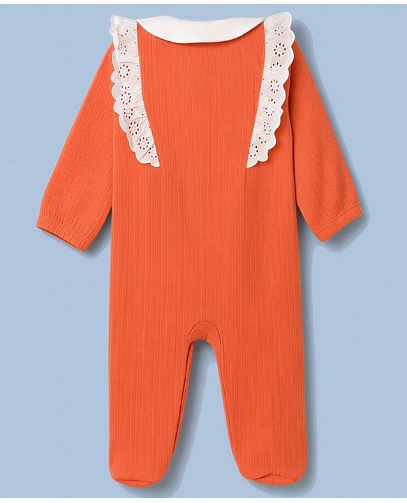 Babyhug Cotton Knit Full Sleeves Footed Sleepsuit with Bow & Peter Pan Collar - Coral
