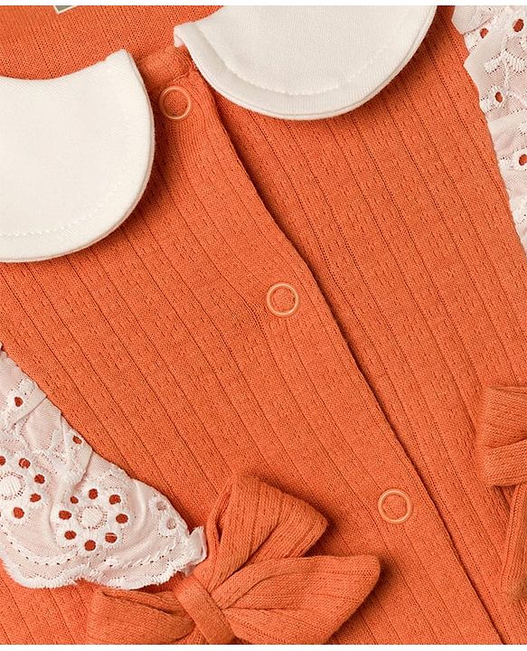 Babyhug Cotton Knit Full Sleeves Footed Sleepsuit with Bow & Peter Pan Collar - Coral
