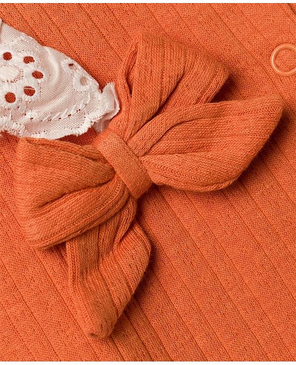 Babyhug Cotton Knit Full Sleeves Footed Sleepsuit with Bow & Peter Pan Collar - Coral