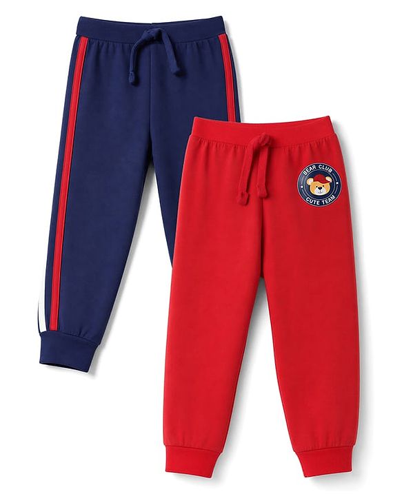 Babyhug 100% Cotton Jersey Knit Full Length Tiger Printed Lounge Pants With Tape Detailing Pack Of 2 - Navy Blue & Red