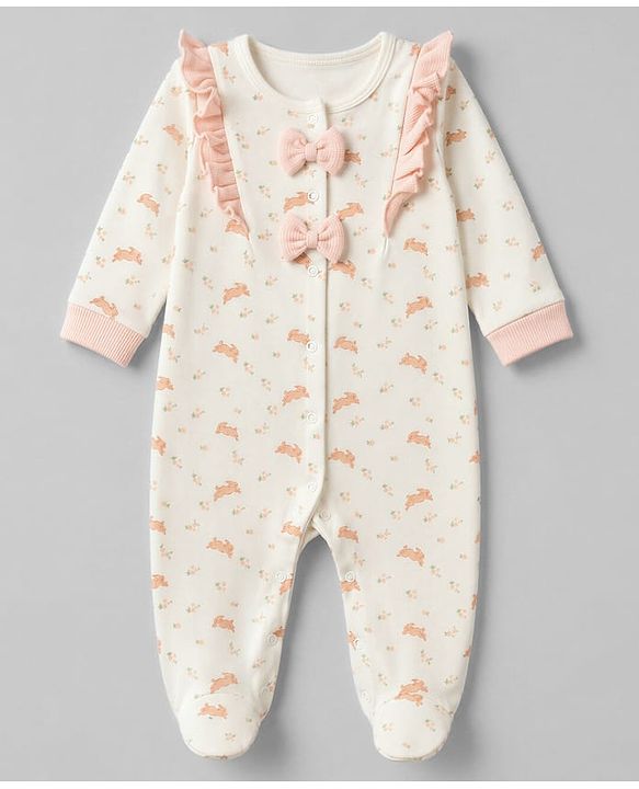 Babyhug 100% Cotton Knit Full Sleeves Footed Sleep Suit with Bunny Print & Bow Applique - Cream