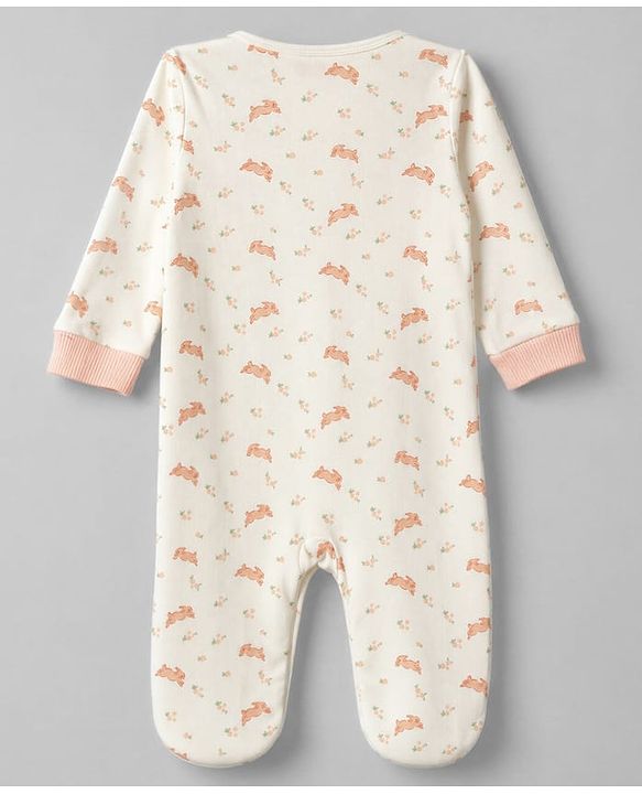 Babyhug 100% Cotton Knit Full Sleeves Footed Sleep Suit with Bunny Print & Bow Applique - Cream