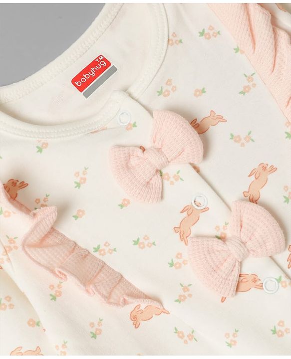 Babyhug 100% Cotton Knit Full Sleeves Footed Sleep Suit with Bunny Print & Bow Applique - Cream