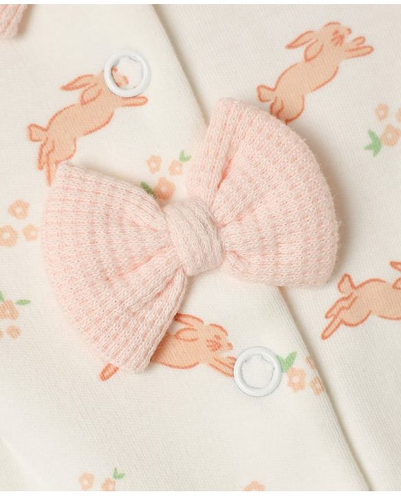 Babyhug 100% Cotton Knit Full Sleeves Footed Sleep Suit with Bunny Print & Bow Applique - Cream