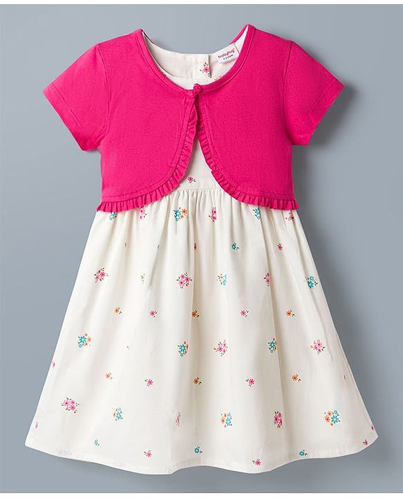 Babyhug Poplin Woven Half Sleeves Shrug With Floral Printed Frock - White