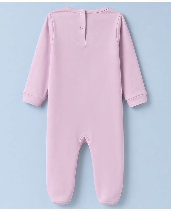 Babyhug 100% Cotton Knit Full Sleeves Sleep Suit With Cat Face Embroidery - Pink