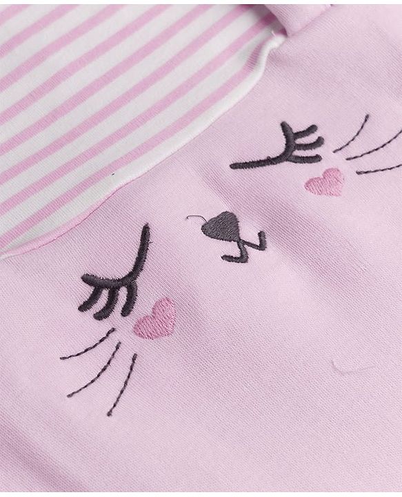 Babyhug 100% Cotton Knit Full Sleeves Sleep Suit With Cat Face Embroidery - Pink