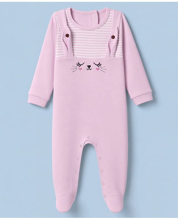 Babyhug 100% Cotton Knit Full Sleeves Sleep Suit With Cat Face Embroidery - Pink
