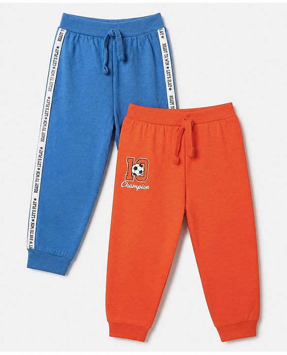 Babyhug 100% Cotton Jersey Knit Full Length Lounge Pant With Text Print Pack of 2 - Red Blue