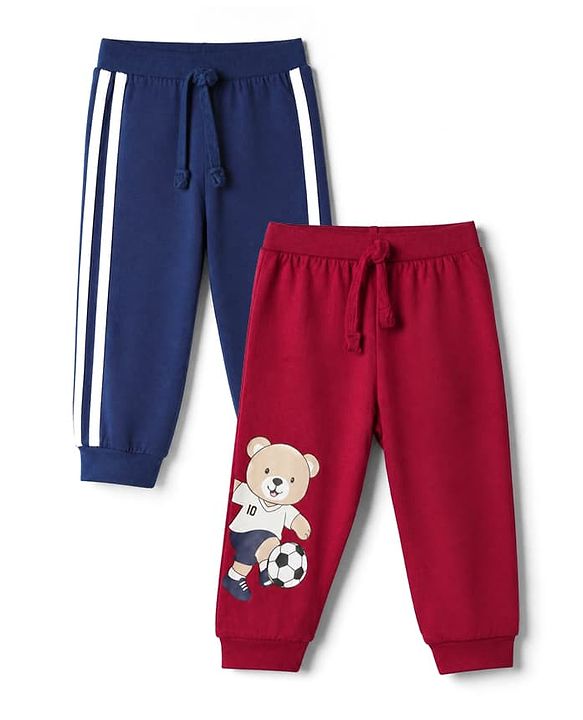 Babyhug 100% Cotton Jersey Knit Full Length Lounge Pant With Tape Detailing & Bear Print Pack of 2 - Red Blue
