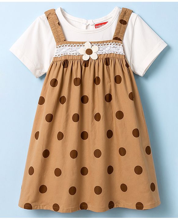 Babyhug Poplin Woven Half Sleeves Polka Dots Printed & Floral Applique Frock With Inner Tee & Lace Detailing  - Brown