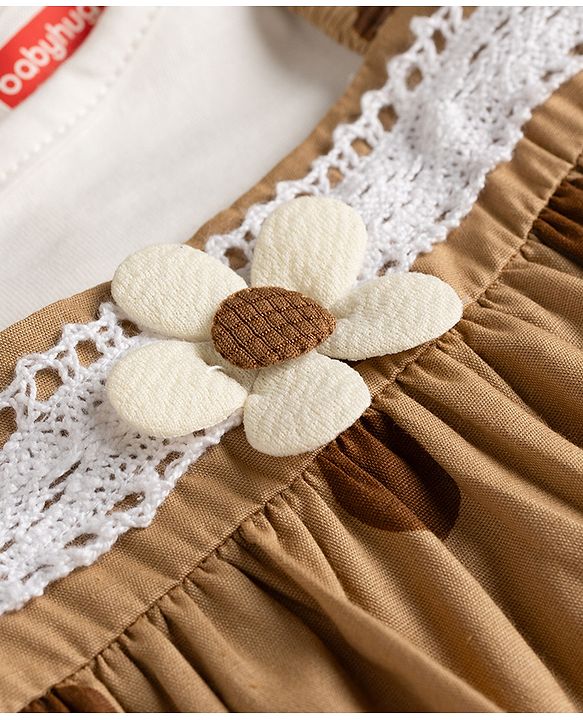 Babyhug Poplin Woven Half Sleeves Polka Dots Printed & Floral Applique Frock With Inner Tee & Lace Detailing  - Brown