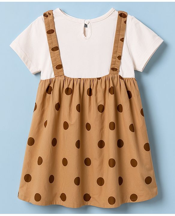 Babyhug Poplin Woven Half Sleeves Polka Dots Printed & Floral Applique Frock With Inner Tee & Lace Detailing  - Brown