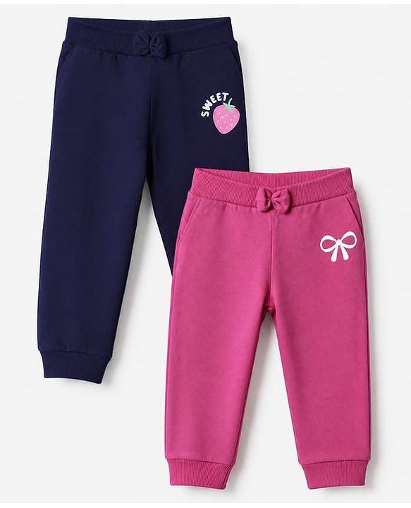 Babyhug Cotton Single Jersey Knit Joggers with Strawberry Print Pack of 2 - Navy Blue & Pink