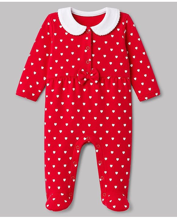 Babyhug 100% Cotton Knit Full Sleeves Sleep Suit with Polka Dots Print & Bow Applique - Red