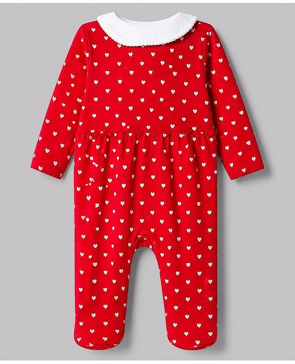 Babyhug 100% Cotton Knit Full Sleeves Sleep Suit with Polka Dots Print & Bow Applique - Red