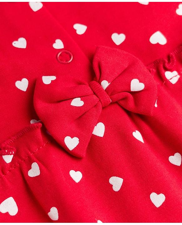 Babyhug 100% Cotton Knit Full Sleeves Sleep Suit with Polka Dots Print & Bow Applique - Red
