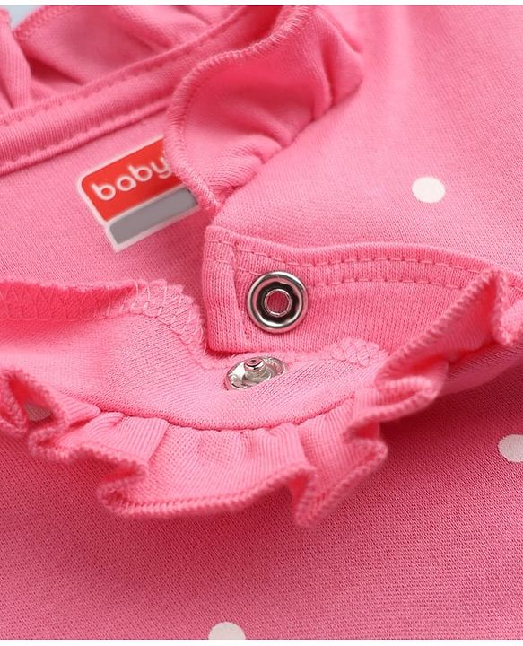 Babyhug Cotton Knit Full Sleeves Sleep Suit Night Wear with Frill Details, Bow Patch & Polka Dots Print - Pink