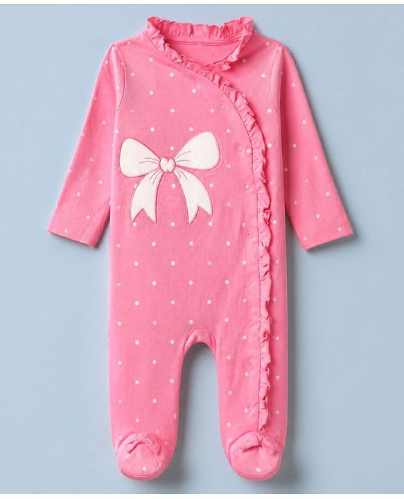 Babyhug Cotton Knit Full Sleeves Sleep Suit Night Wear with Frill Details, Bow Patch & Polka Dots Print - Pink