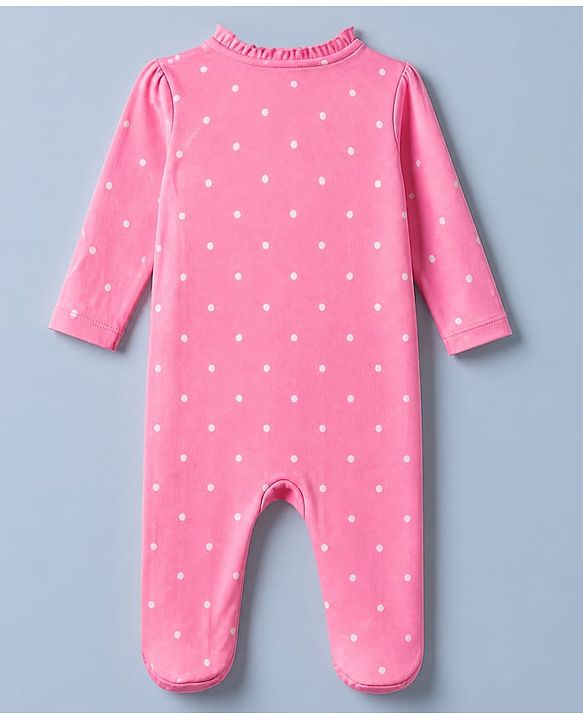 Babyhug Cotton Knit Full Sleeves Sleep Suit Night Wear with Frill Details, Bow Patch & Polka Dots Print - Pink