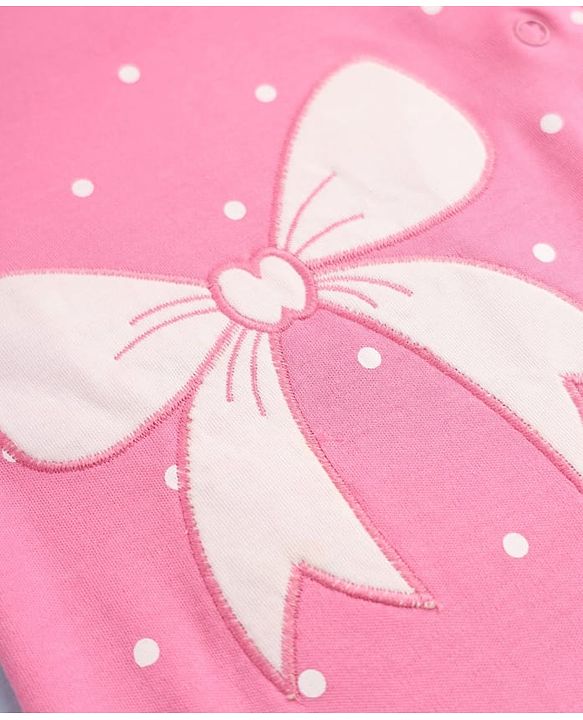 Babyhug Cotton Knit Full Sleeves Sleep Suit Night Wear with Frill Details, Bow Patch & Polka Dots Print - Pink