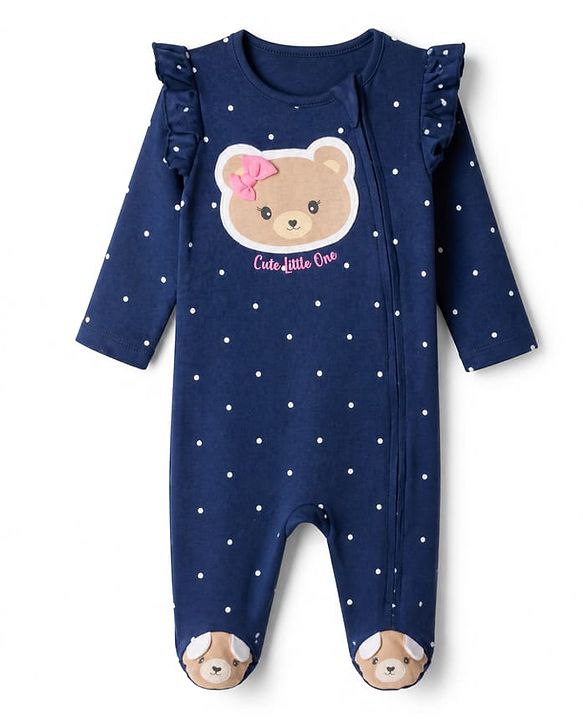 Babyhug Cotton Knit Full Sleeves Sleep Suit with Bear & Polka Dots Print - Navy Blue