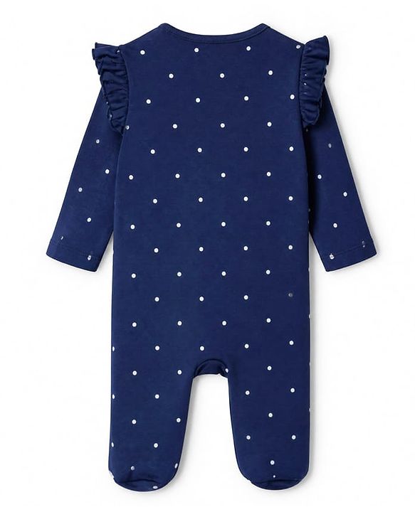 Babyhug Cotton Knit Full Sleeves Sleep Suit with Bear & Polka Dots Print - Navy Blue