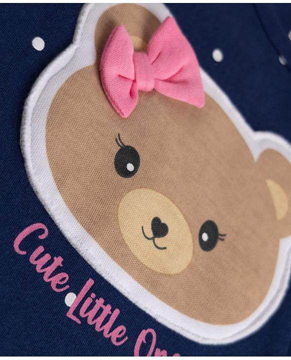 Babyhug Cotton Knit Full Sleeves Sleep Suit with Bear & Polka Dots Print - Navy Blue