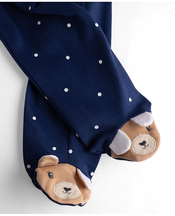 Babyhug Cotton Knit Full Sleeves Sleep Suit with Bear & Polka Dots Print - Navy Blue