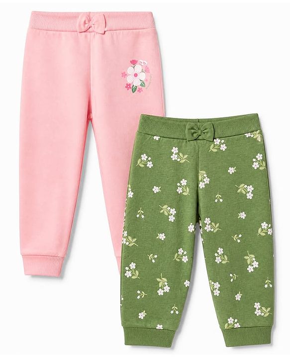 Babyhug 100% Cotton Single Jersey Knit Full Length Track Pant with Flowers Print in Pink & Green Pack of 2