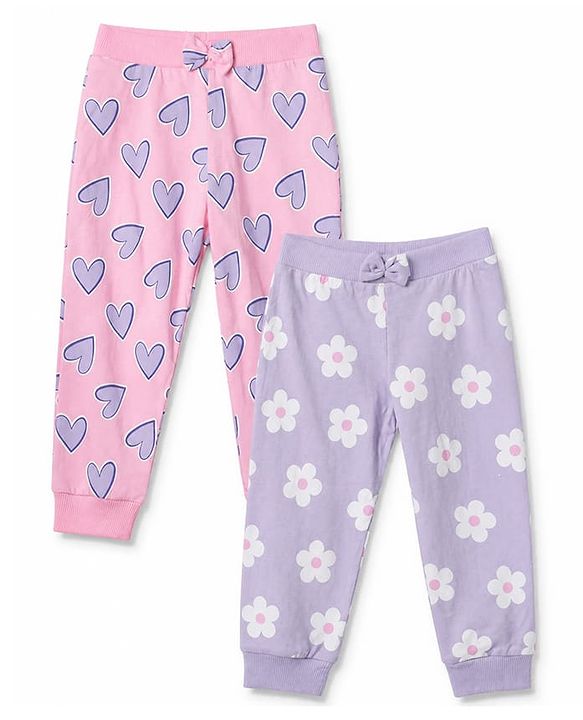Babyhug 100% Cotton Single Jersey Knit Full Length Track Pant in Pink & Purple Pack of 2