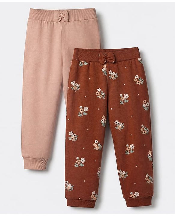 Babyhug Cotton Knit Jogger Fit Full Length Lounge Pants With Floral Print Pack of 2 - Brown Pink