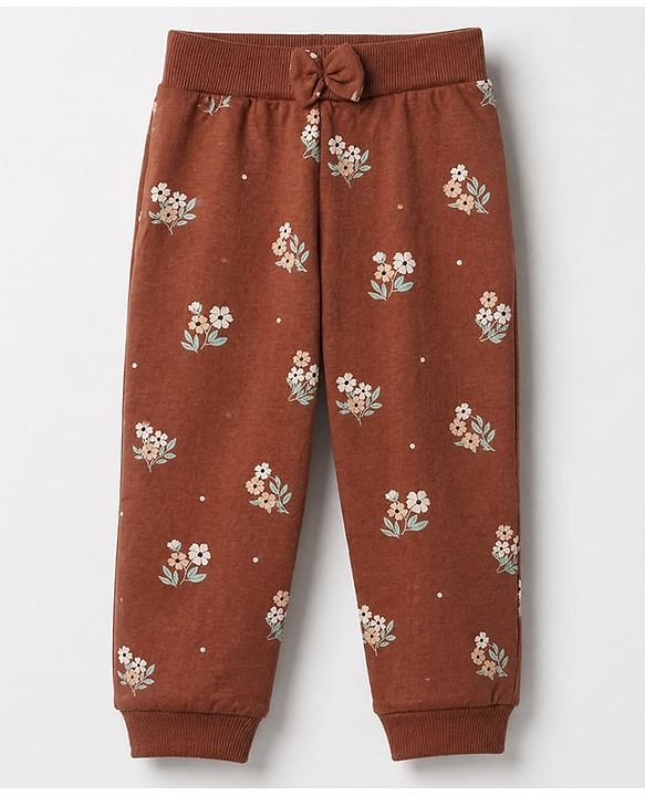 Babyhug Cotton Knit Jogger Fit Full Length Lounge Pants With Floral Print Pack of 2 - Brown Pink