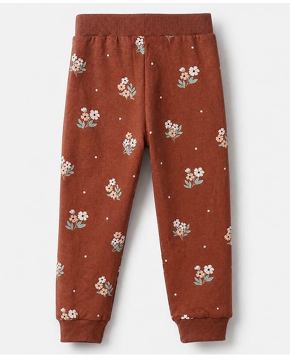 Babyhug Cotton Knit Jogger Fit Full Length Lounge Pants With Floral Print Pack of 2 - Brown Pink