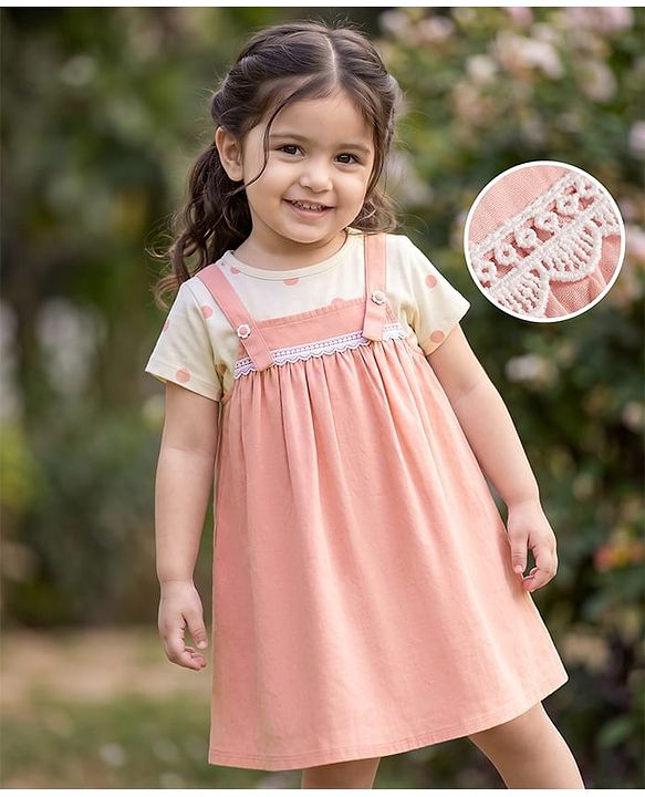 Babyhug Poplin Woven Half Sleeves Frock with Inner Tee Polka Dot Print - Pink