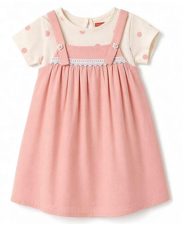 Babyhug Poplin Woven Half Sleeves Frock with Inner Tee Polka Dot Print - Pink